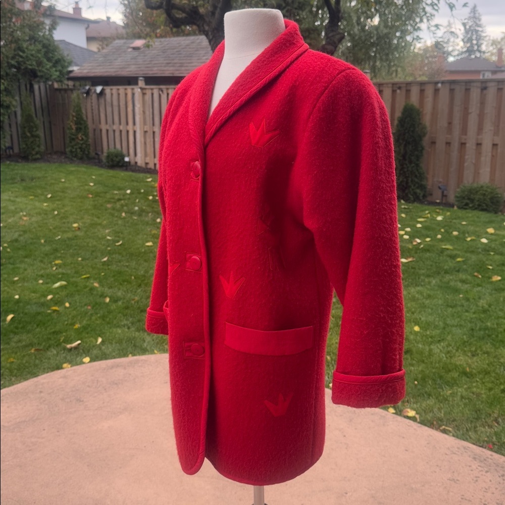 Vintage 4 Saison Canada Inuvik Boiled Wool Red Reindeer Christmas Jacket S - Picture 4 of 9